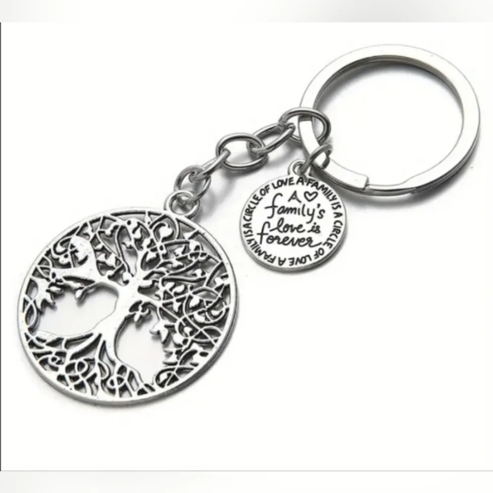 Tree of Life Family Love Silver Keychain W/Charm Message. NEW!